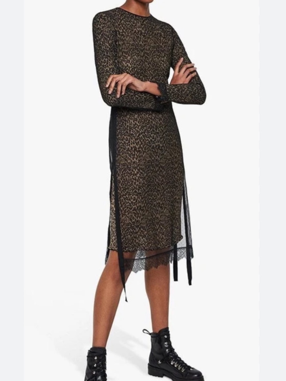 AllSaints Leopard-Print Midi Skirt with Sheer Overlay - Black, Brown